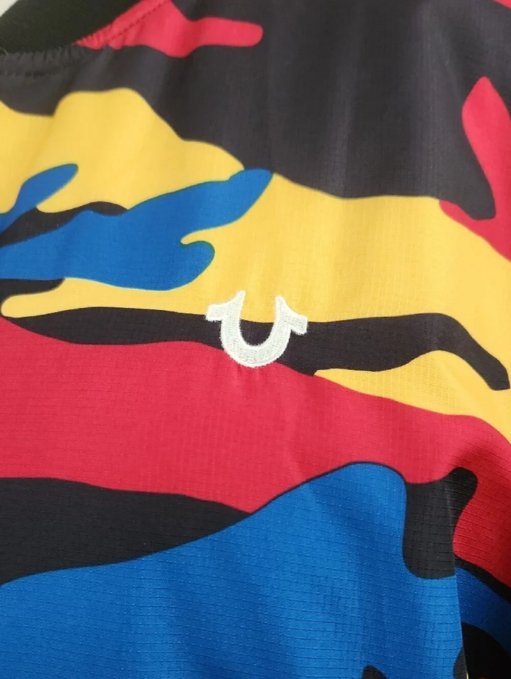 True Religion Red Yellow Blue Camo Bomber Jacket XL